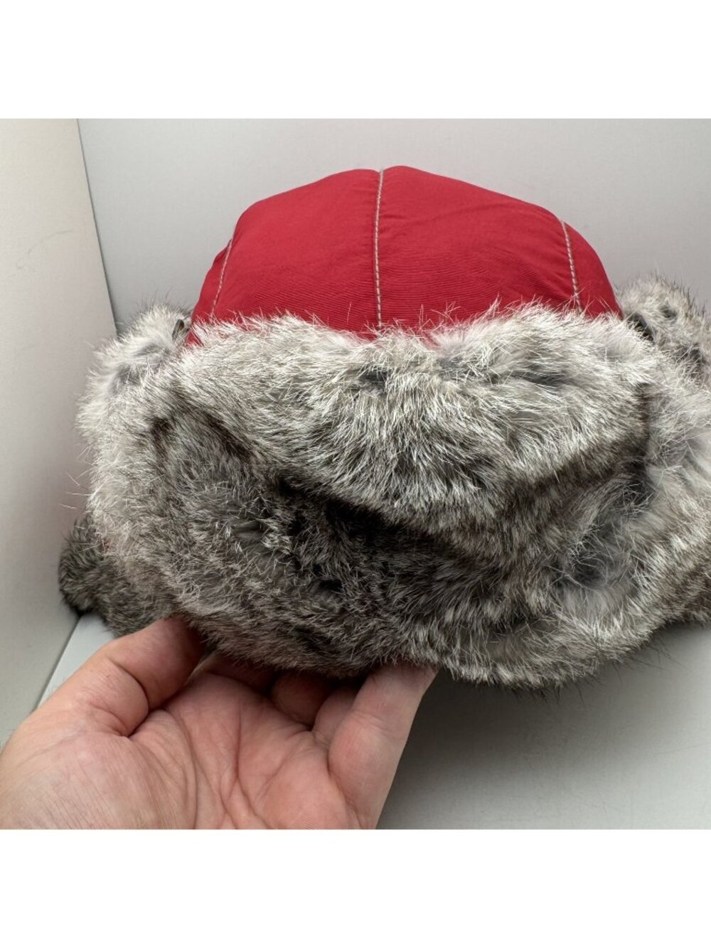 MAD BOMBER Trapper Hat Men's Size M Red Nylon & Rabbit Fur Aviator Winter Cap
